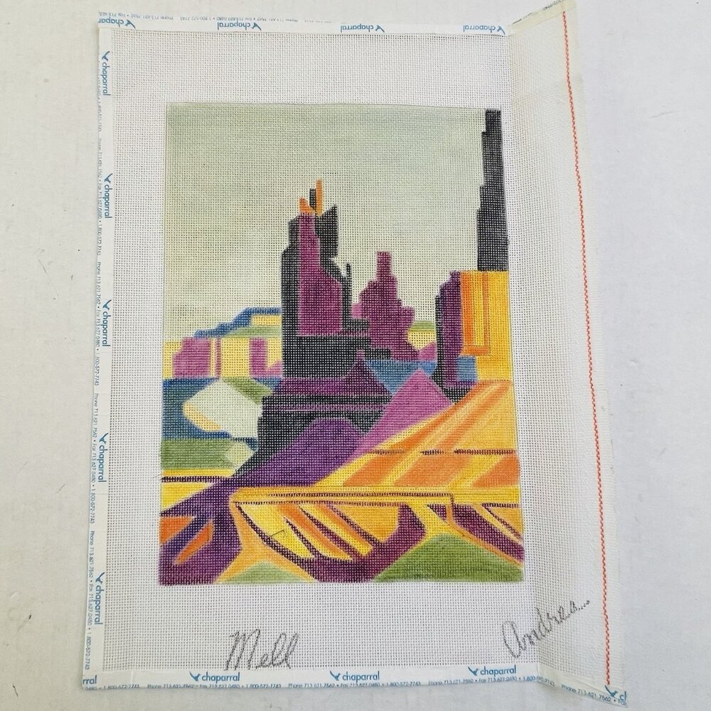 Hand Painted Needlework Canvas Signed Mell Andrea Abstract Landscape Design